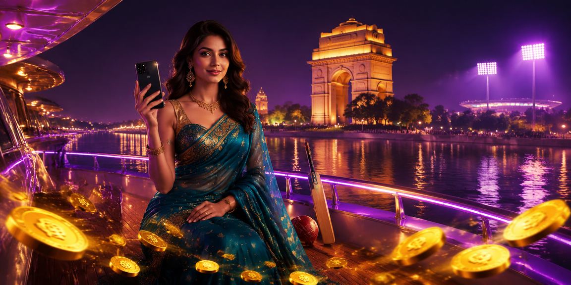 Indian woman enjoying cricket betting on mobile near India Gate Delhi