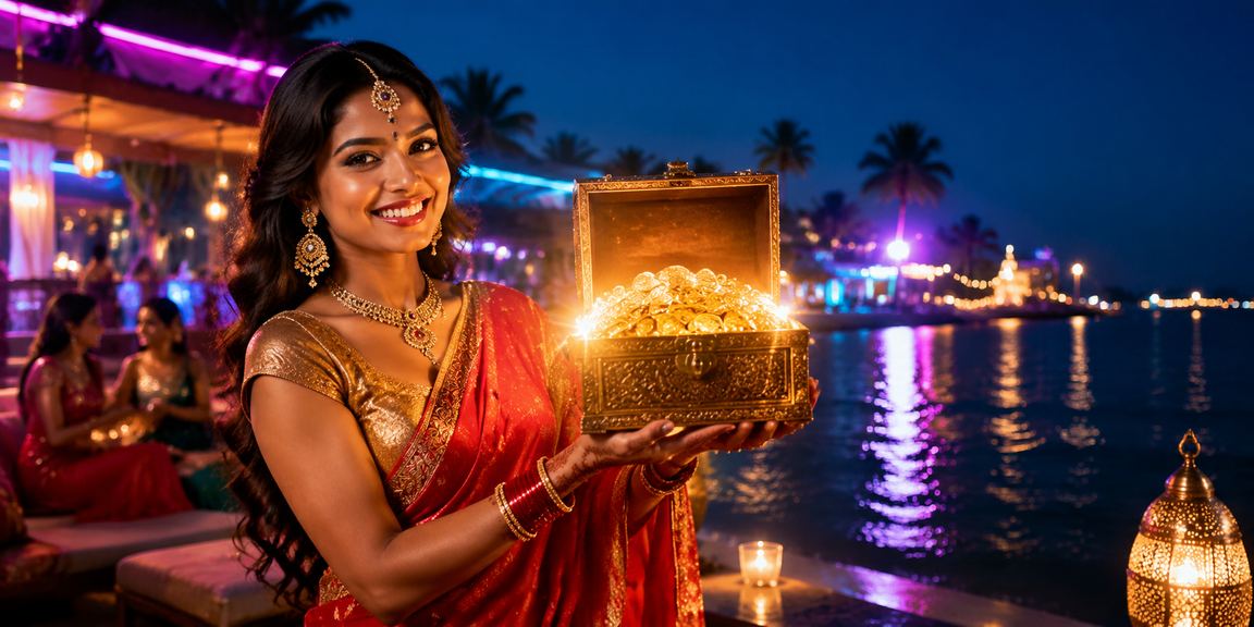 Indian woman enjoying Teen Patti game on mobile in Goa beach setting