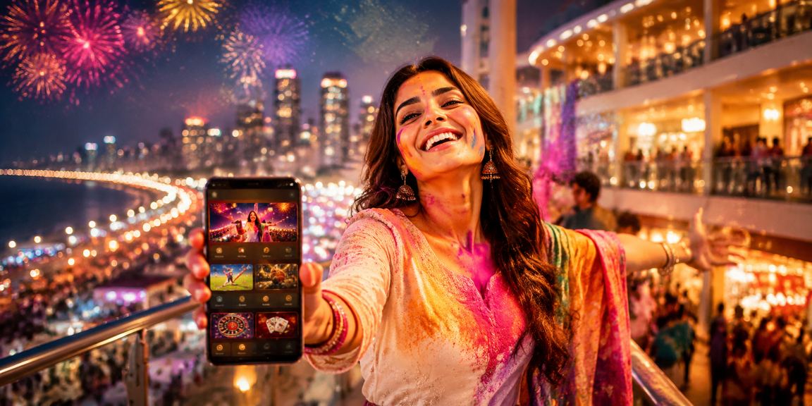 Young people enjoying sports betting on mobile device in Mumbai during Holi